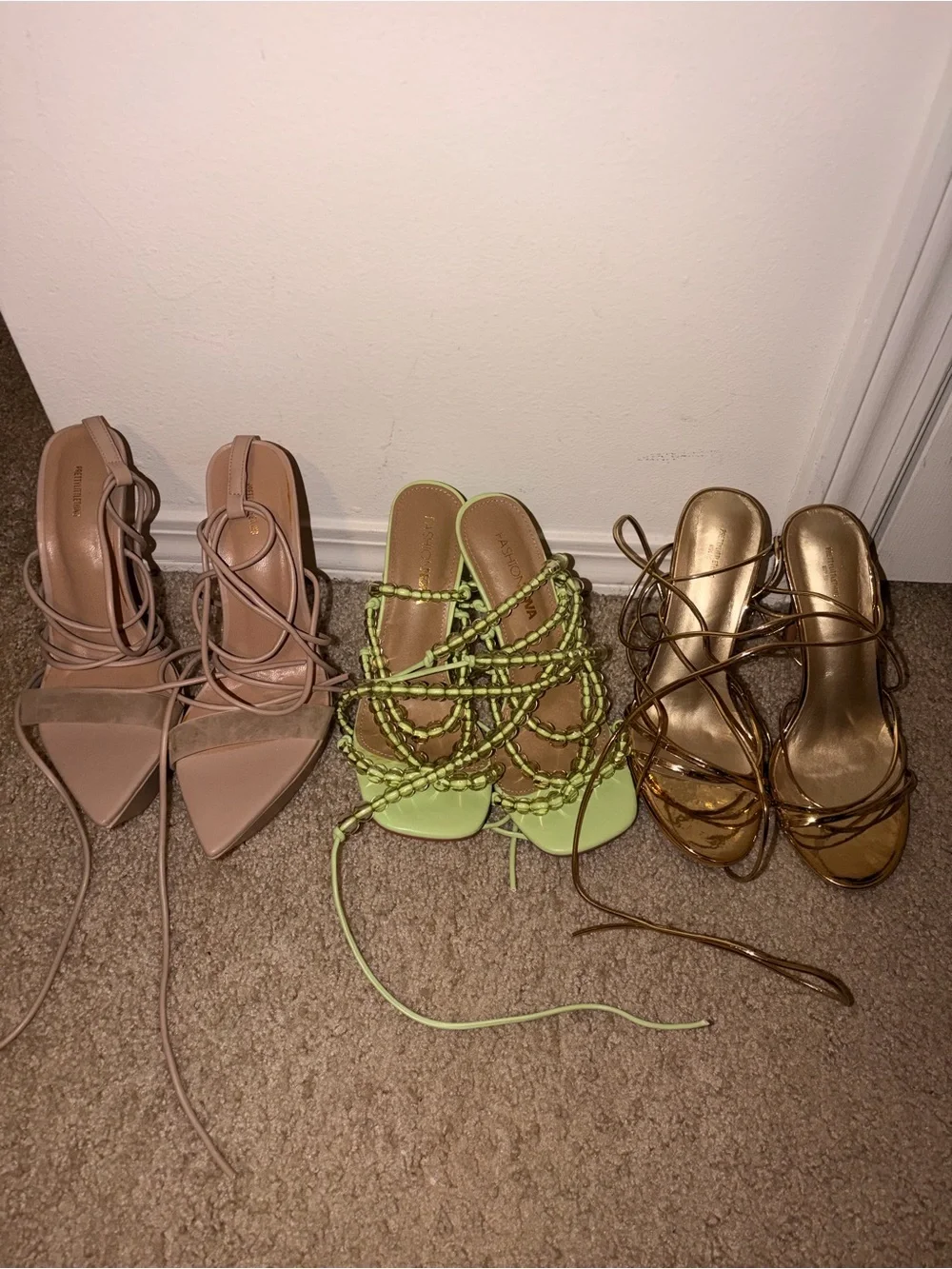 PrettyLittleThing Lace-Up Heeled Sandals in Beige, Lime & Gold